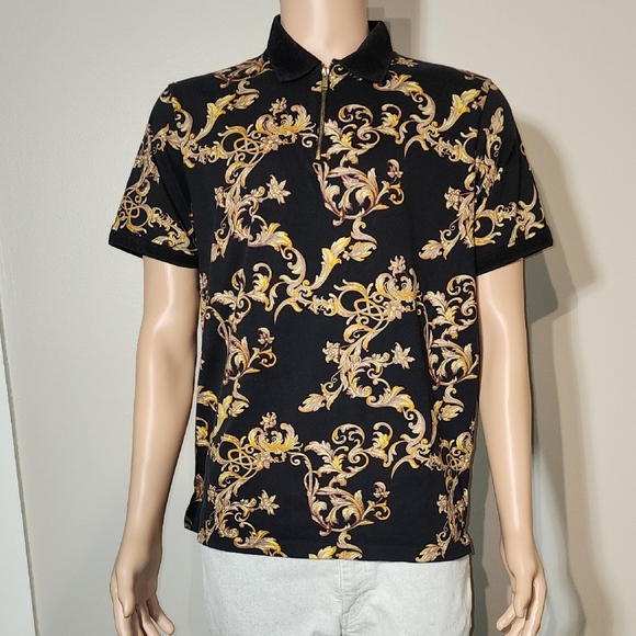 Luxurious Black and Gold Baroque Polo Shirt - Picture 1 of 9